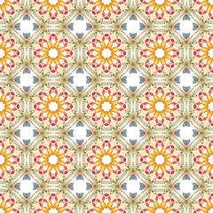 Seamless geometric pattern with vibrant colors and symmetrical shapes.