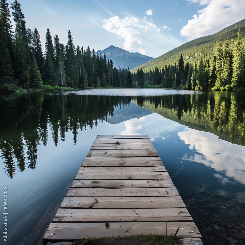 Wall mural AI generated illustration of a serene lake reflecting the surrounding pine trees and mountains