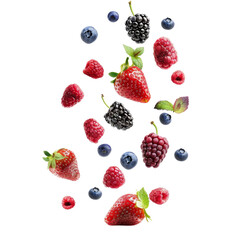 A vibrant assortment of fresh mixed berries including strawberries, blueberries, raspberries, and...
