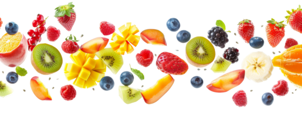 A vibrant assortment of fresh fruits including strawberries, kiwi, pineapple, blueberries, and more, showcasing a colorful and healthy selection.