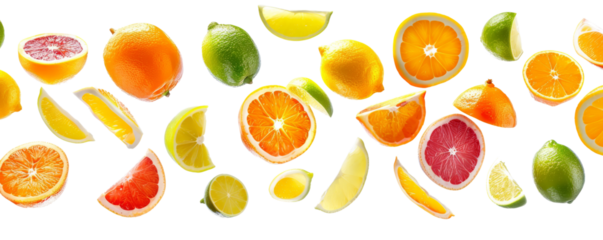 A vibrant assortment of sliced citrus fruits including oranges, lemons, limes, and grapefruits isolated on a white background.