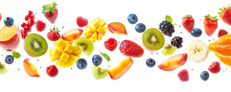 A vibrant assortment of fresh fruits including strawberries, kiwi, pineapple, blueberries, and more, showcasing a colorful and healthy selection. - Powered by Adobe