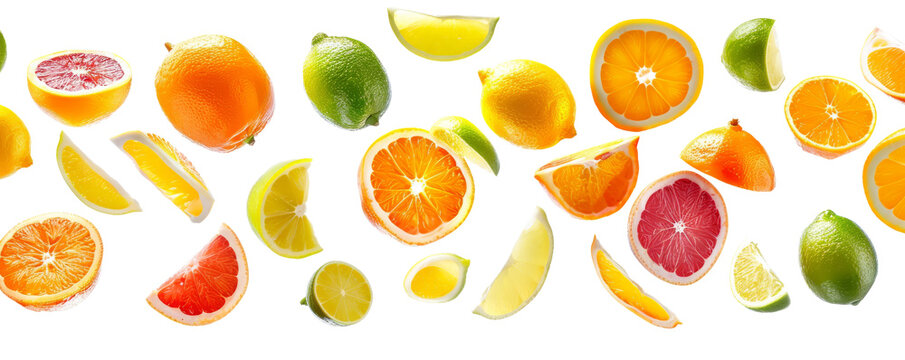 A vibrant assortment of sliced citrus fruits including oranges, lemons, limes, and grapefruits isolated on a white background.