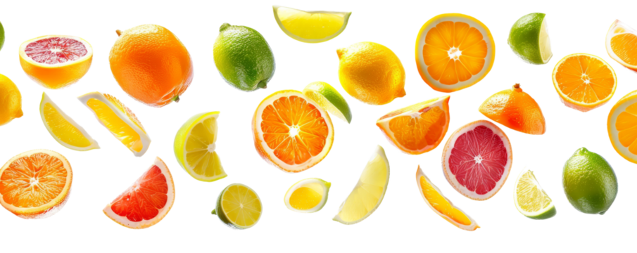 A vibrant assortment of sliced citrus fruits including oranges, lemons, limes, and grapefruits isolated on a white background.
