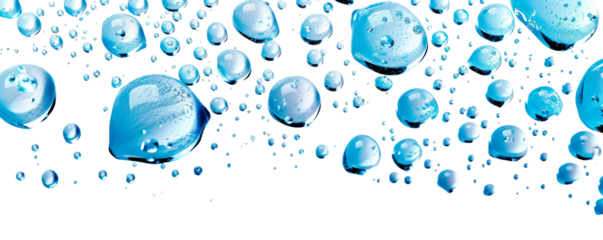 Abstract image of floating blue water droplets clustered together against a white background, showcasing the beauty and intricacy of liquid forms.