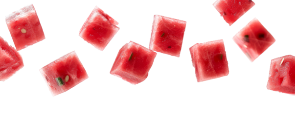 Bright and fresh watermelon cubes isolated on white background. Perfect for healthy eating, summer refreshment, and fruit salad concepts.