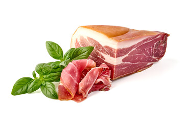 Italian prosciutto crudo or spanish jamon. Jerked meat, isolated on white background. High...