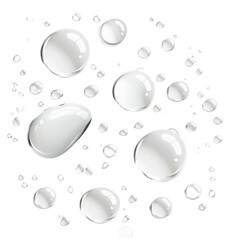 Clear water droplets on white background showcasing purity and freshness in a clean abstract design.