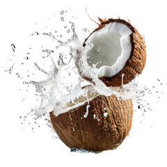 Close-up of a cracked open coconut with milk splashing out. Fresh, tropical, and refreshing concept image perfect for food and beverage projects.
