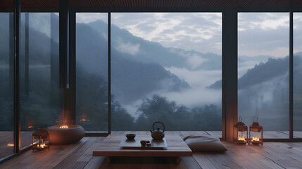 Fototapeta premium Serene Mountain View from a Modern Wooden Deck