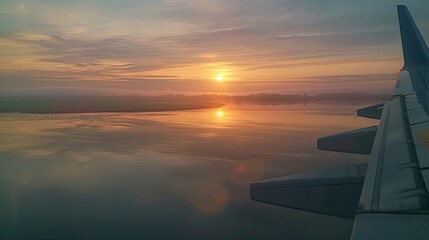 Reflection of a plane wing in a still lake during sunrise