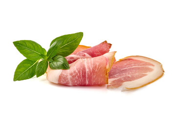 Delicious Serrano ham, cured jamon iberico, isolated on white background