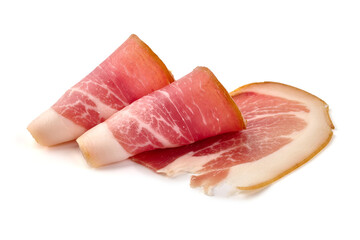 Italian prosciutto crudo or spanish jamon. Jerked meat, isolated on white background. High resolution image