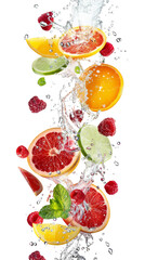 Colorful fresh fruits splashing into water, showcasing vitality and health. Perfect for advertising, wellness, and nutrition concepts.