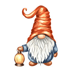 Naklejka premium Gnome with oil lamp. Nordic magic dwarfs and burn lantern. Hand drawn watercolor illustration isolated. Cute cartoon character for autumn decor or kids print. Clip art for sticker, embroidery, print.