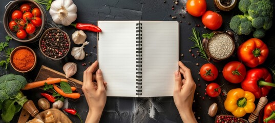 Top view mockup of weight loss plan notebook with vegetable design for diet concept