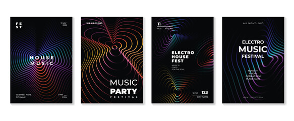 Music poster design background vector set. Electro Sound Cover template with vibrant abstract gradient line wave. Ideal design for social media, flyer, party, music festival, club. © TWINS DESIGN STUDIO