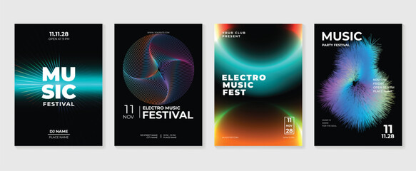 Music poster design background vector set. Electro Sound Cover template with vibrant abstract gradient line wave and halftone. Ideal design for social media, flyer, party, music festival, club.