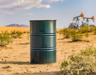 Oil production - barrel in desert, with blurry oil rigs