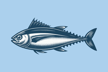 Tuna fish Vintage engraving illustration, icon, logo. Seafood. Vector drawing. Blue background. hand drawn