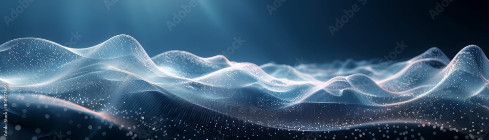 Poster abstract blue wavy pattern with glowing particles.