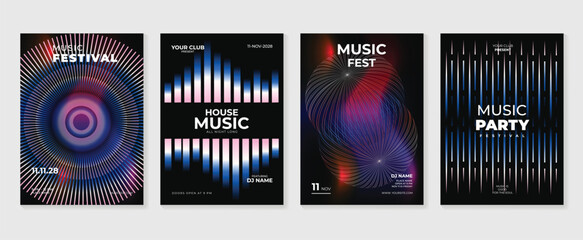 Music poster design background vector set. Electro Sound Cover template with vibrant abstract gradient line wave and geometric shape. Ideal design for social media, flyer, party, music festival, club. © TWINS DESIGN STUDIO