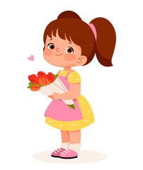 Cute baby girl with a bouquet of tulips, isolated on a white background. Vector flat illustration for Mother's Day or birthday greeting card