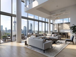 Fototapeta premium A spacious luxury apartment with floor-to-ceiling windows offering a stunning cityscape, modern furniture, and an open-concept design. Luxury High-Rise Apartment with City View
