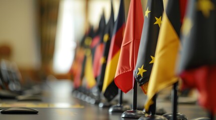 Display of european union member flags in a row for viewing and identification purposes