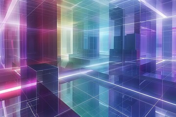 Futuristic neon lit room with colorful cubes, creating a vibrant and modern atmosphere, perfect for sci fi and artistic themes