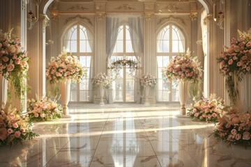 An elegant wedding ceremony decor with floral arrangements and arched doorways