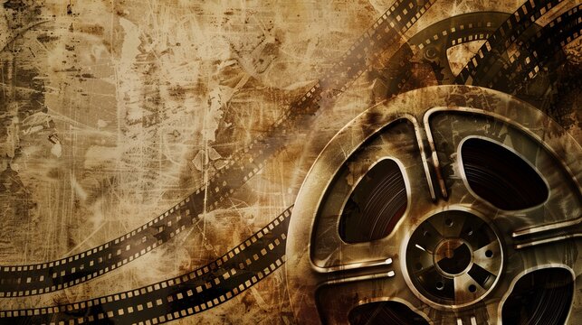 Aged film reel background with coiled film strips and a dusty texture.