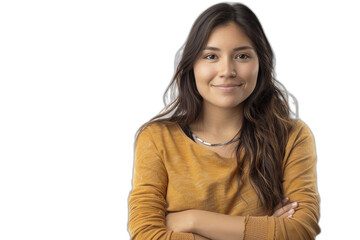 A young Indian woman cross-armed demonstrates a strong sense of self-confidence on a green chroma background.
