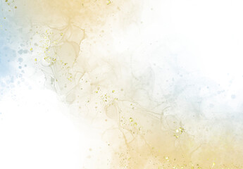 Blue and yellow background  Hand drawn illustration for design.alcohol ink art white background with golden crackers. Summer minimalistic background for poster, cover, flyer, cards, wedding.