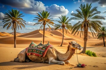 camel rest on sand in desert landscape with palm tree background