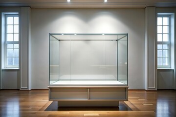 empty blank glass display case in museum. Artifact exhibition event