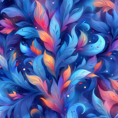 Vibrant Abstract Feather Pattern in Blue and Orange, Digital Art Illustration with Fluid Flowing Leaves and Starry Background