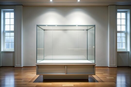 empty blank glass display case in museum. Artifact exhibition event