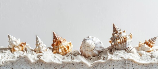 Obraz premium Several seashells of varying shapes protrude from the sandy surface, set against a pristine white backdrop.