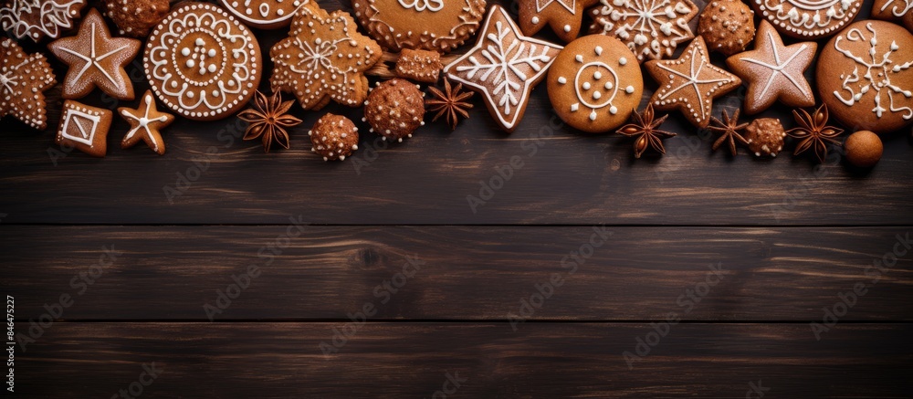 Poster festive background with gingerbread cookies arranged in an oval on a wooden board. copy space availa