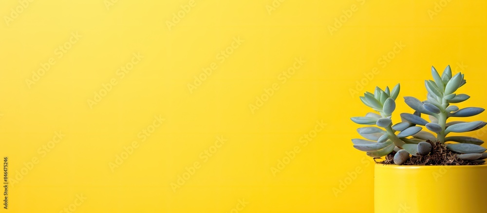 Poster bright yellow banner with a succulent in a pot providing a large copy space image