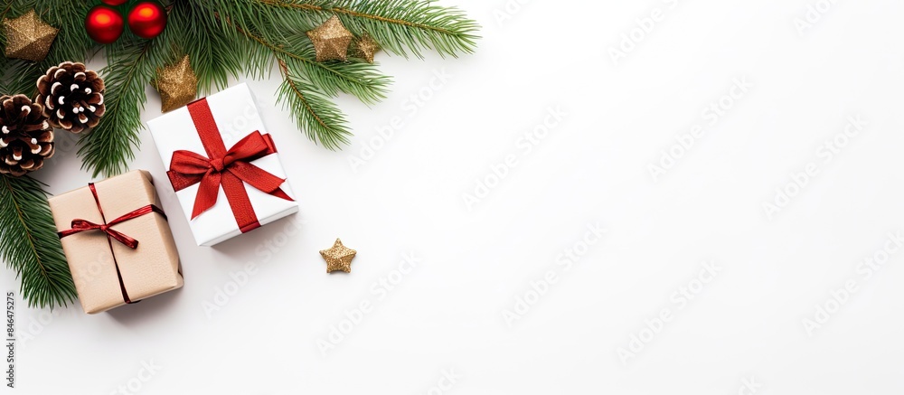Poster winter festive concept with a gift fir branch and christmas decorations beautifully arranged on a wh