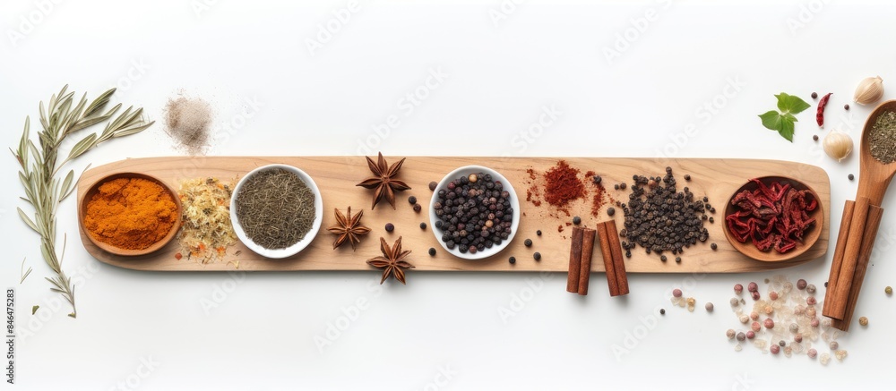 Poster Top view of a wooden cutting board with scoops and spoons of spices set against a white background This copy space image is a mock up for a menu or recipe