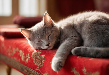 A Grey Kitten Relaxing On A Red Couch