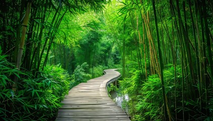 Fototapeta premium Bamboo fence at the entrance of an ancient forest path, high resolution photography, high quality photo.