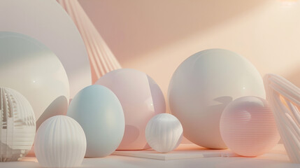 Fototapeta premium A modern still life featuring geometric shapes and pastel colors in a minimalist setting, bathed in soft natural light, creating a soothing visual experience.