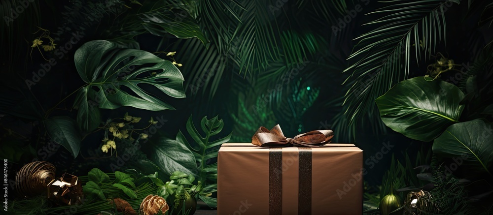 Poster wrap the gift box using a combination of craft paper tropical leaves and glitter for a unique and cr