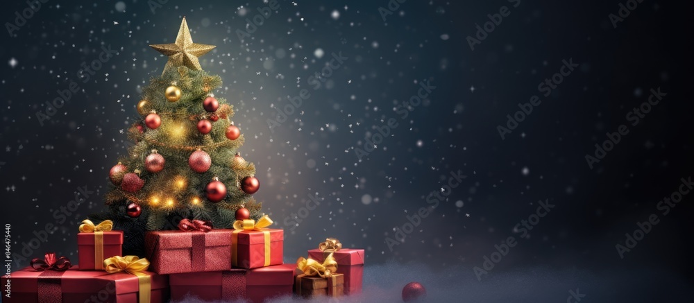Poster decorative christmas tree with gift box and ornaments on a colorful background copy space image