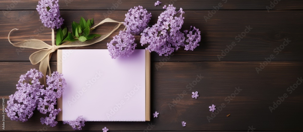 Aufkleber Top view of a wooden desk adorned with delicate violet flowers a gift box and an empty notebook a perfect setting for adding text to the image. copy space available