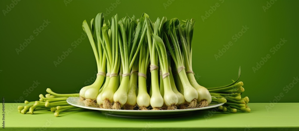 Poster Copy space image of a plate featuring fresh leeks arranged neatly on a bright table
